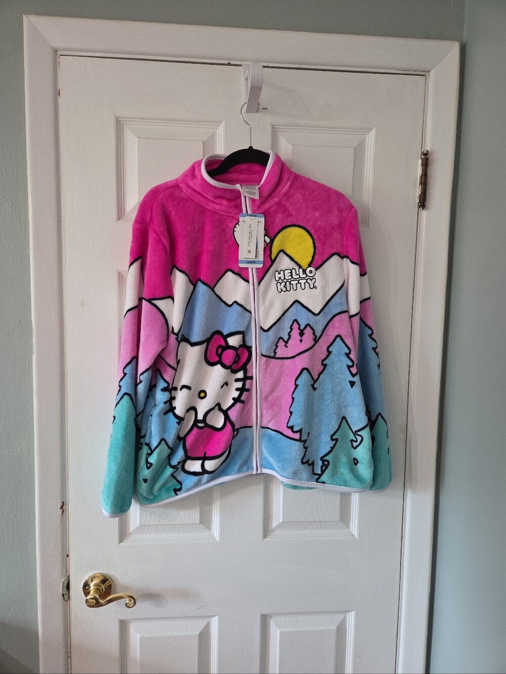 Hello Kitty Pink Mint Blue Pastel Fleece Zip Jacket.  L. NWT